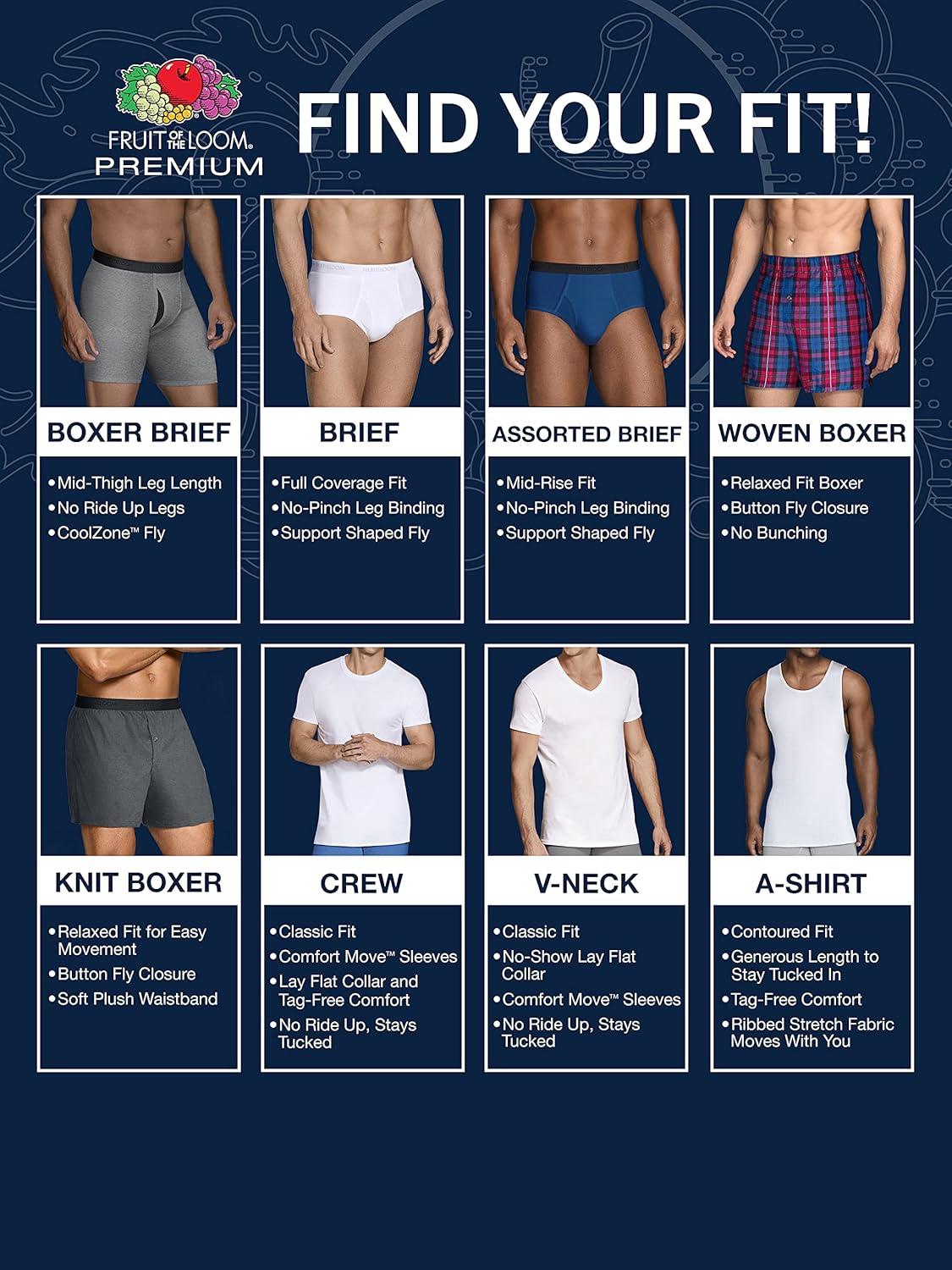 imageFruit of the Loom Mens Premium Cotton Underwear  TagFree  Also Available in Big ampamp TallBoxer Brief  8 Pack  Assorted