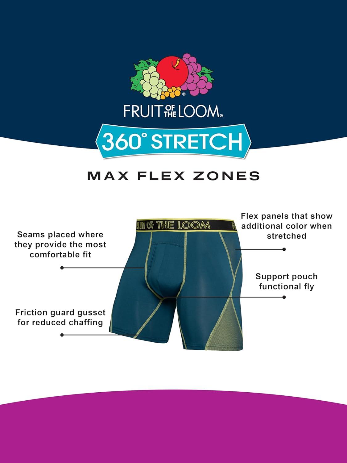 imageFruit of the Loom mens 4way Stretch Boxer Briefs Lightweight ampamp Moisture Wicking Underwear Long Leg Regular Leg ampamp TrunkRegular Leg Max Flex Zones Colors May Vary