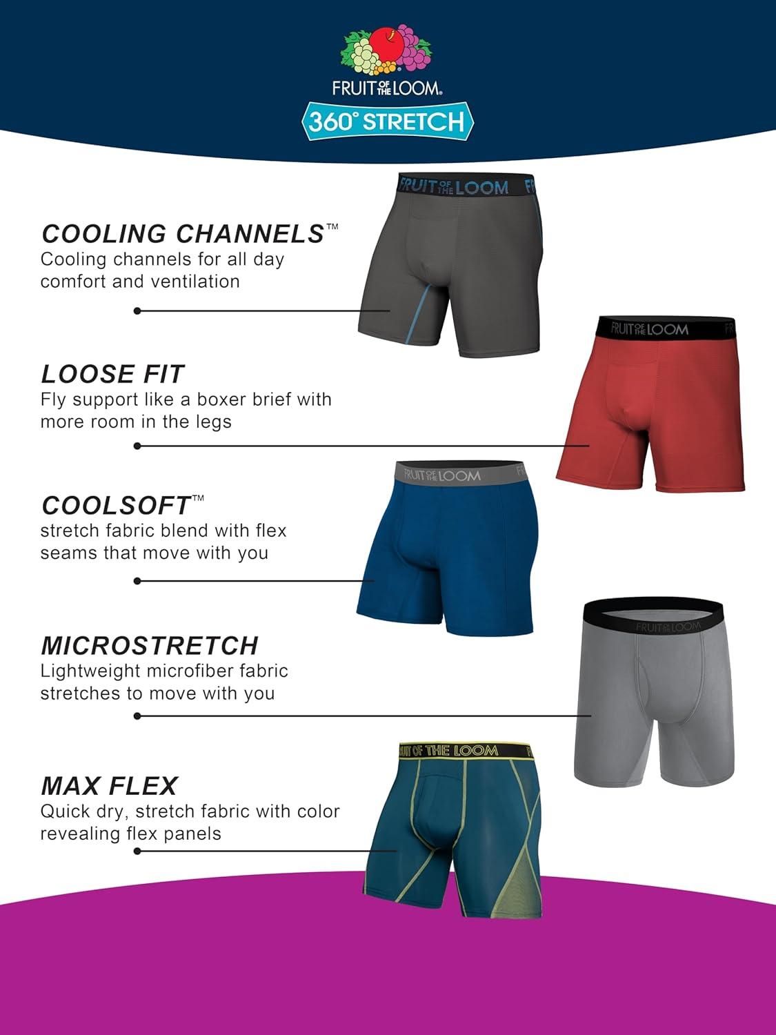 imageFruit of the Loom mens 4way Stretch Boxer Briefs Lightweight ampamp Moisture Wicking Underwear Long Leg Regular Leg ampamp TrunkRegular Leg Max Flex Zones Colors May Vary