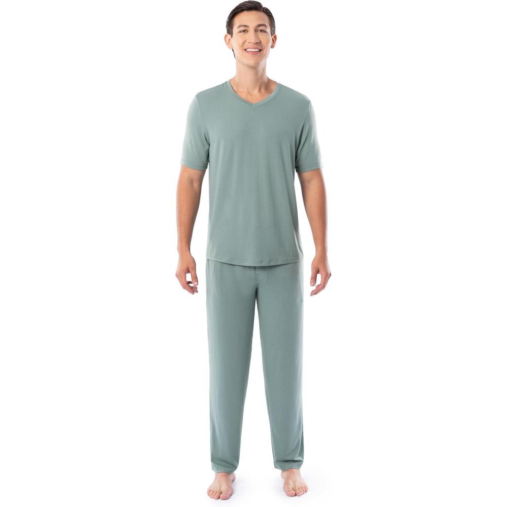 imageFruit of the Loom mens 360 Stretch Short Sleeve Vneck Top and Pant Sleep Pajama SetGreen