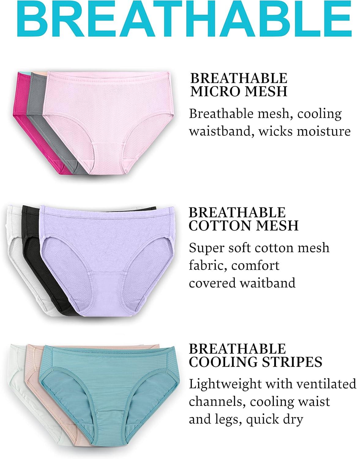 imageFruit of the Loom Womens Breathable Underwear Moisture Wicking Keeps You Cool ampamp Comfortable Available in Plus SizeMicro Mesh Bikini 6 Pack Colors May Vary