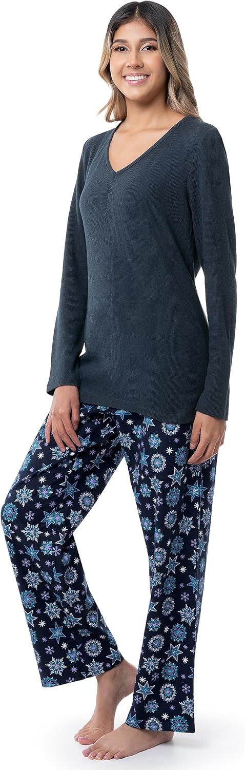 imageFruit of the Loom Womens Waffle VNeck Top and Flannel Pant Sleep SetMidnight BlueStarflake