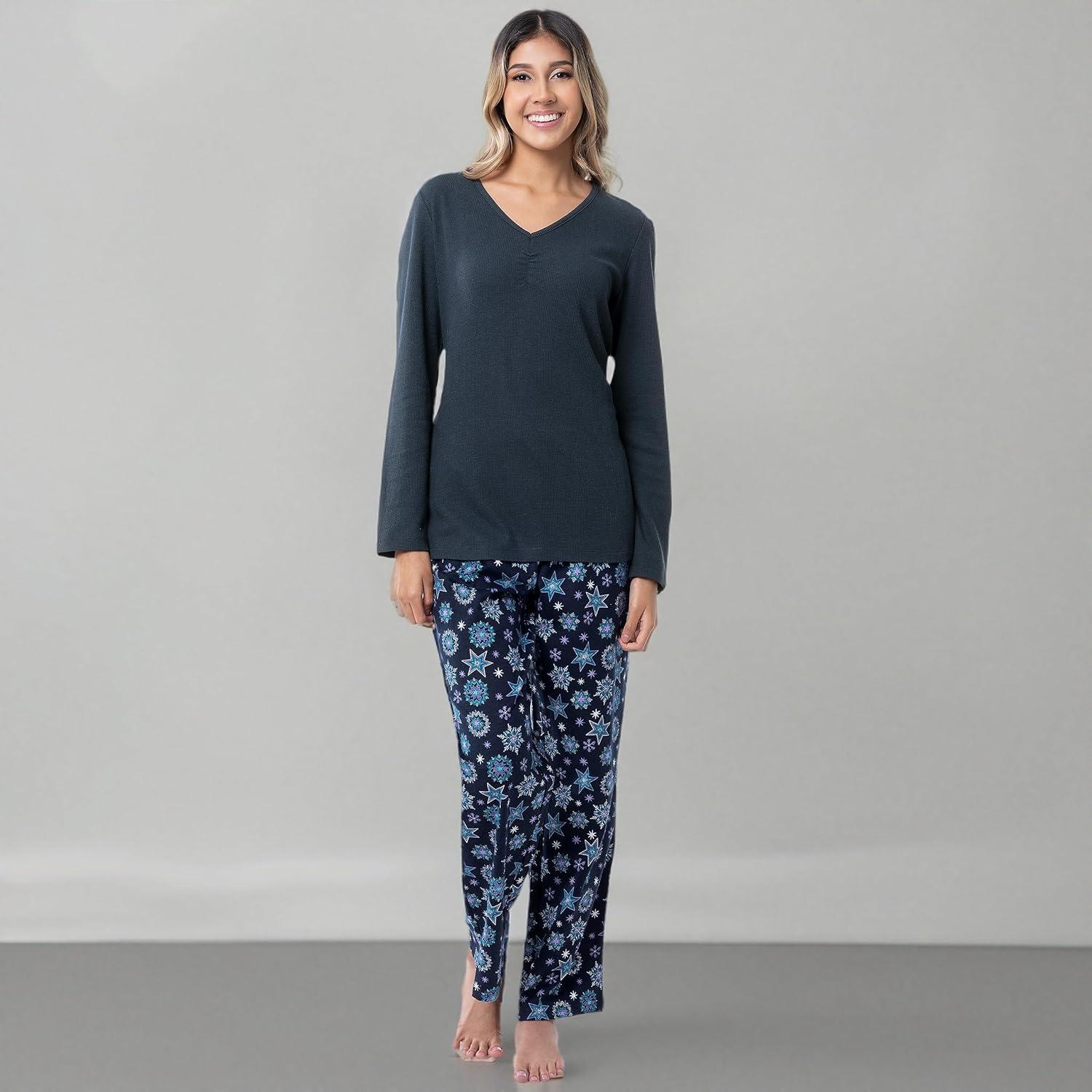 imageFruit of the Loom Womens Waffle VNeck Top and Flannel Pant Sleep SetMidnight BlueStarflake
