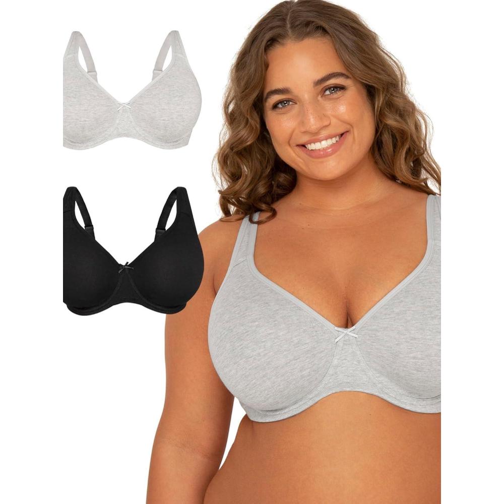 imageFit For Me By Fruit of the Loom Womens Plus Size Cotton Unlined Underwire BraPinchFree Straps Side and Back SmoothingSandBlack Hue