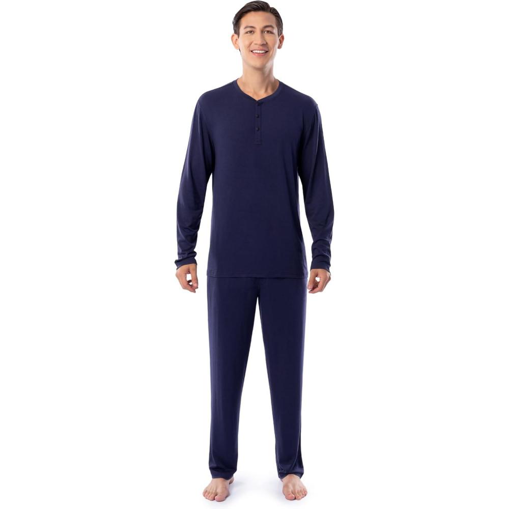 imageFruit of the Loom Mens 360 Stretch Long Sleeve Henley Top and Pant Sleep Pajama SetNavy