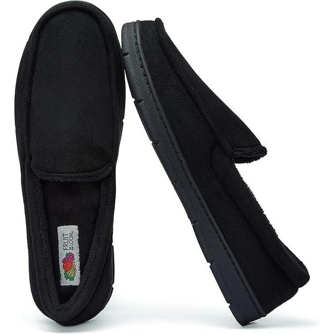 imageFruit of the Loom Mens Moccasin Slippers  Memory Foam Indoor Outdoor House Shoes Cozy Fuzzy Footwear for Men Dad Husband Christmas Gift NonSlip Suede DesignBlack