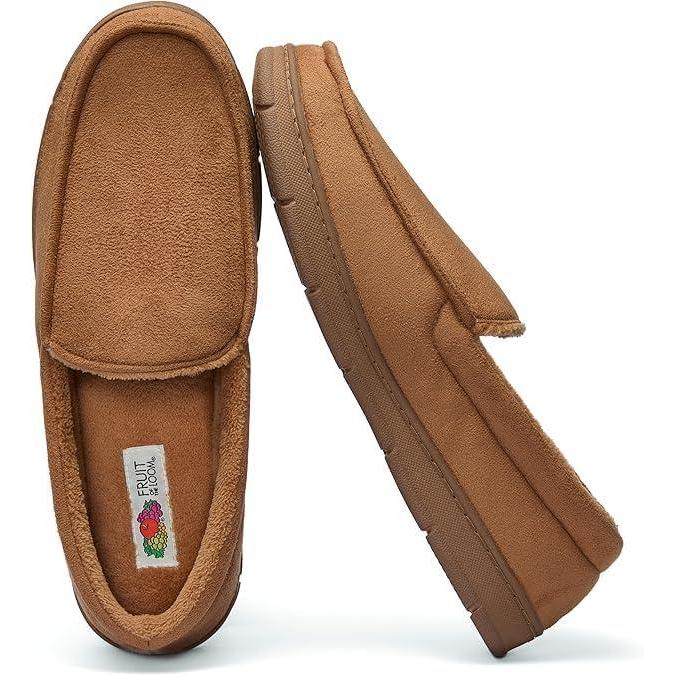 imageFruit of the Loom Mens Moccasin Slippers  Memory Foam Indoor Outdoor House Shoes Cozy Fuzzy Footwear for Men Dad Husband Christmas Gift NonSlip Suede DesignBrown