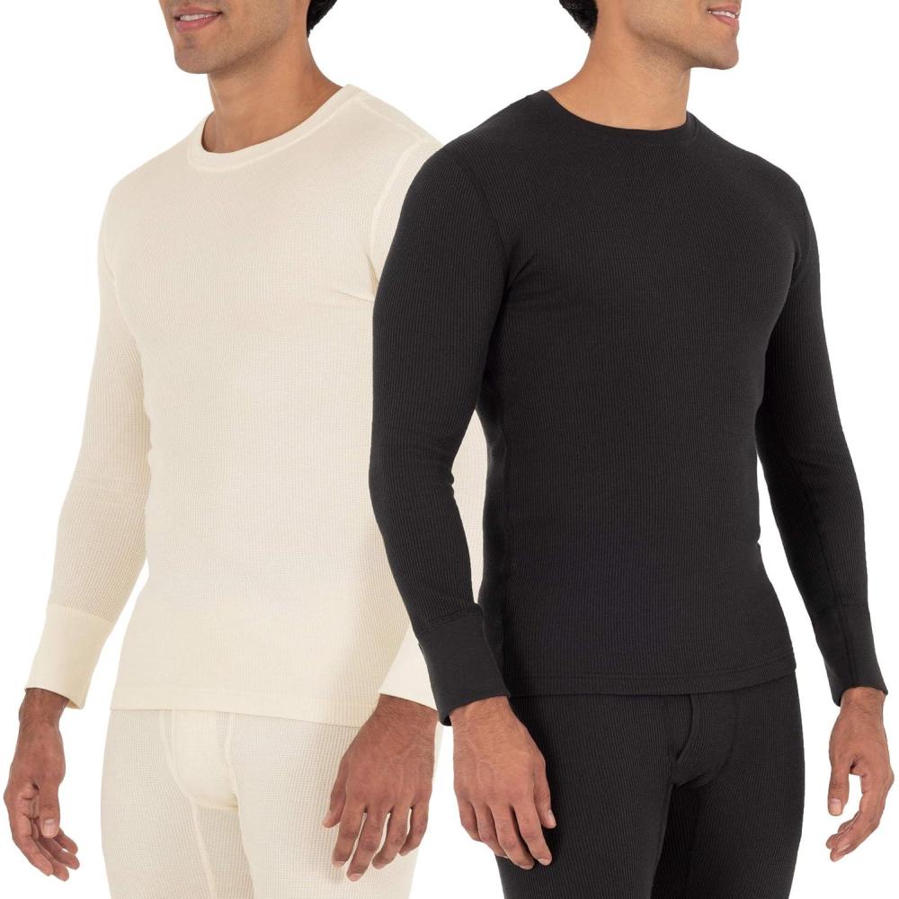 imageFruit of the Loom Mens Recycled Waffle Thermal Underwear Crew Top 1 and 2 PacksBlackNatural