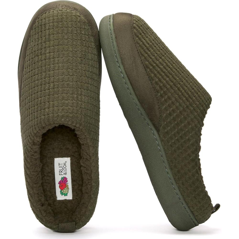 imageFruit of the Loom Mens Waffle Clog Slippers  Fleece Memory Foam Sole  IndoorOutdoor Pantuflas Machine WashableOlive