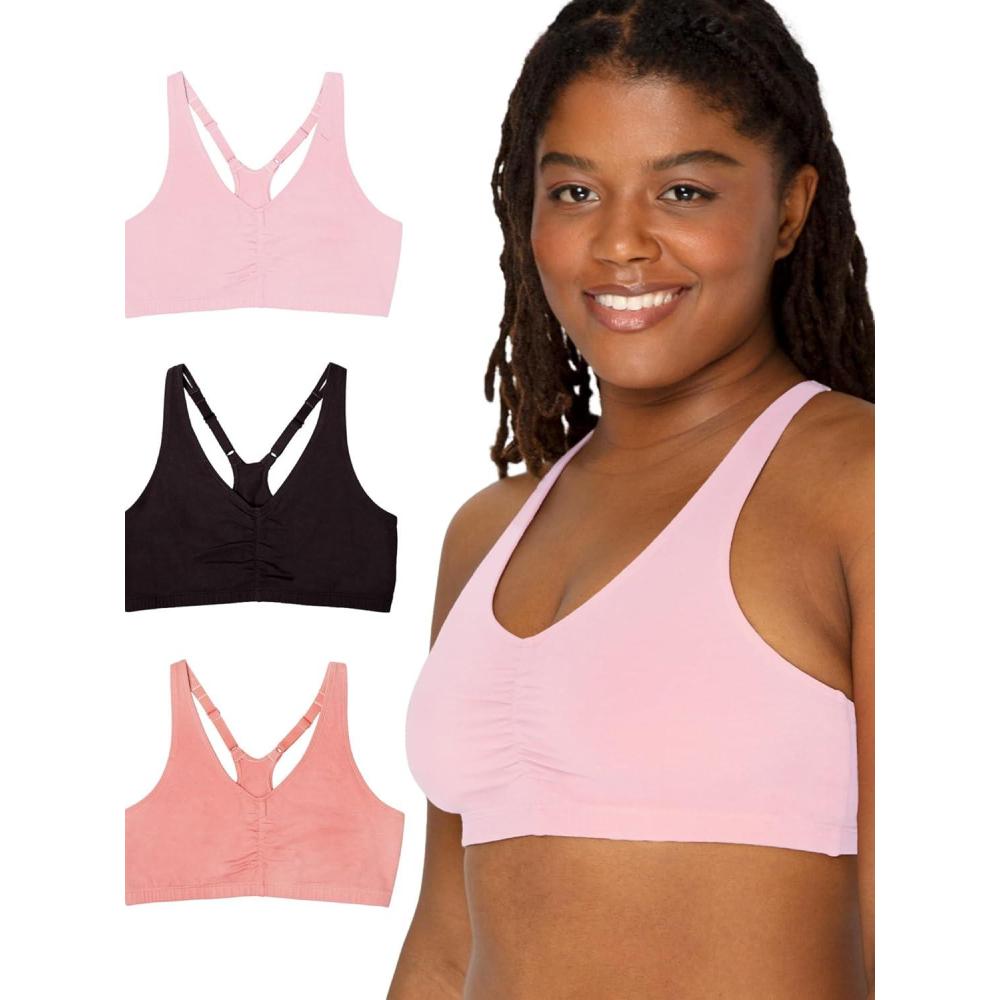 imageFruit of the Loom Womens Adjustable Shirred Front Racerback Sports Bra Multi Pack OptionsDesert DuskBlackBlushing Rose