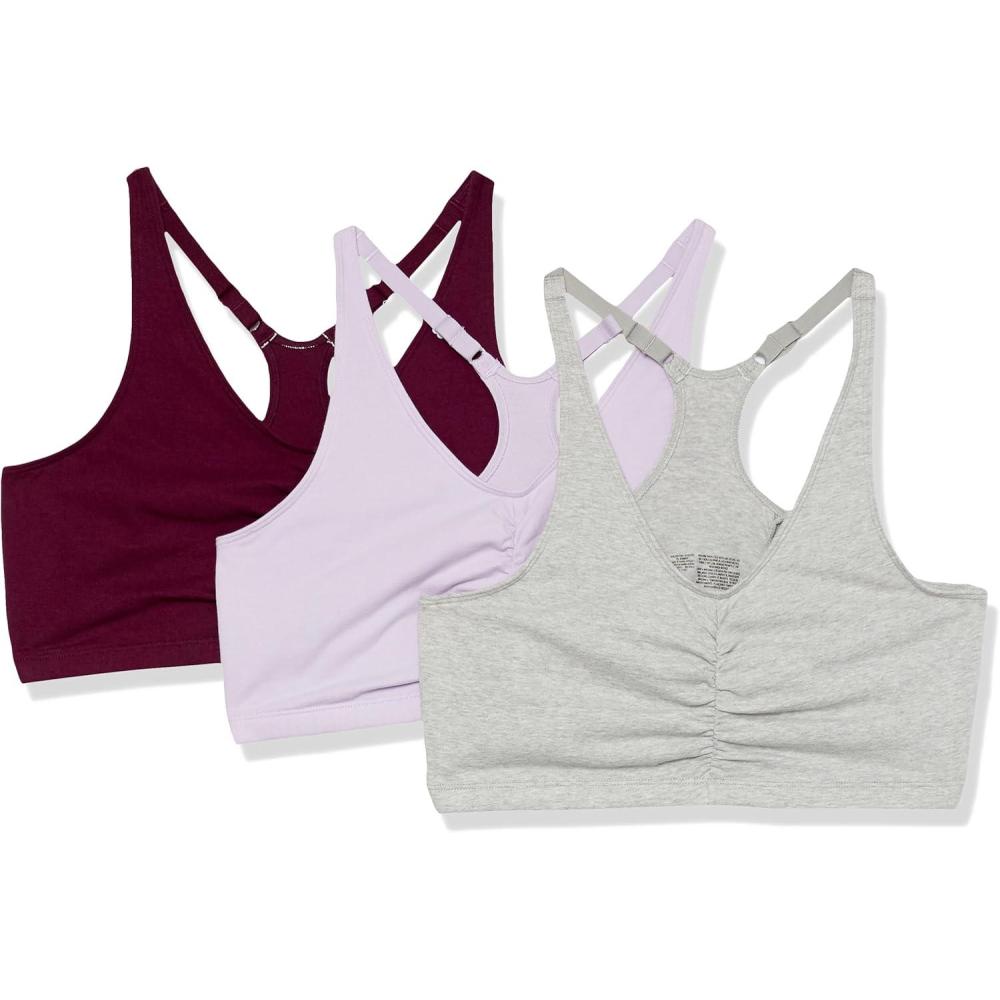 imageFruit of the Loom Womens Adjustable Shirred Front Racerback Sports Bra Multi Pack OptionsLilacGrey HeatherPurple Velvet