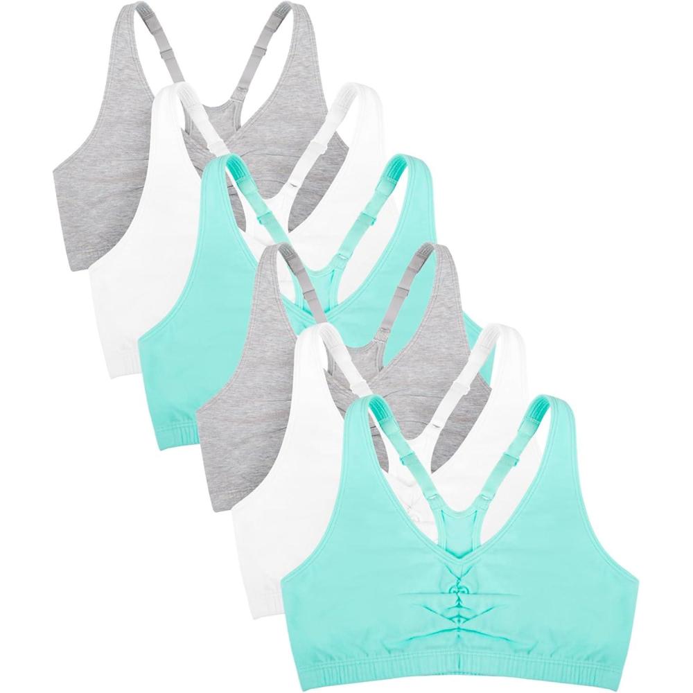 imageFruit of the Loom Womens Adjustable Shirred Front Racerback Sports Bra Multi Pack OptionsMintWhiteGreyMintWhiteGrey