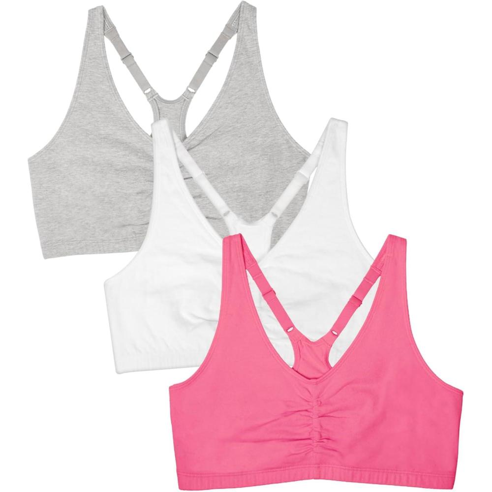 imageFruit of the Loom Womens Adjustable Shirred Front Racerback Sports Bra Multi Pack OptionsNeon Pink HeatherWhiteGrey Heather