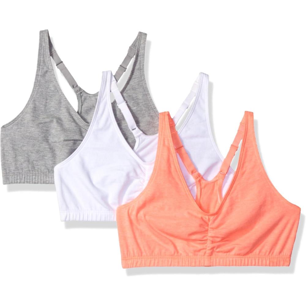 imageFruit of the Loom Womens Adjustable Shirred Front Racerback Sports Bra Multi Pack OptionsPunchy PeachWhiteGrey Heather