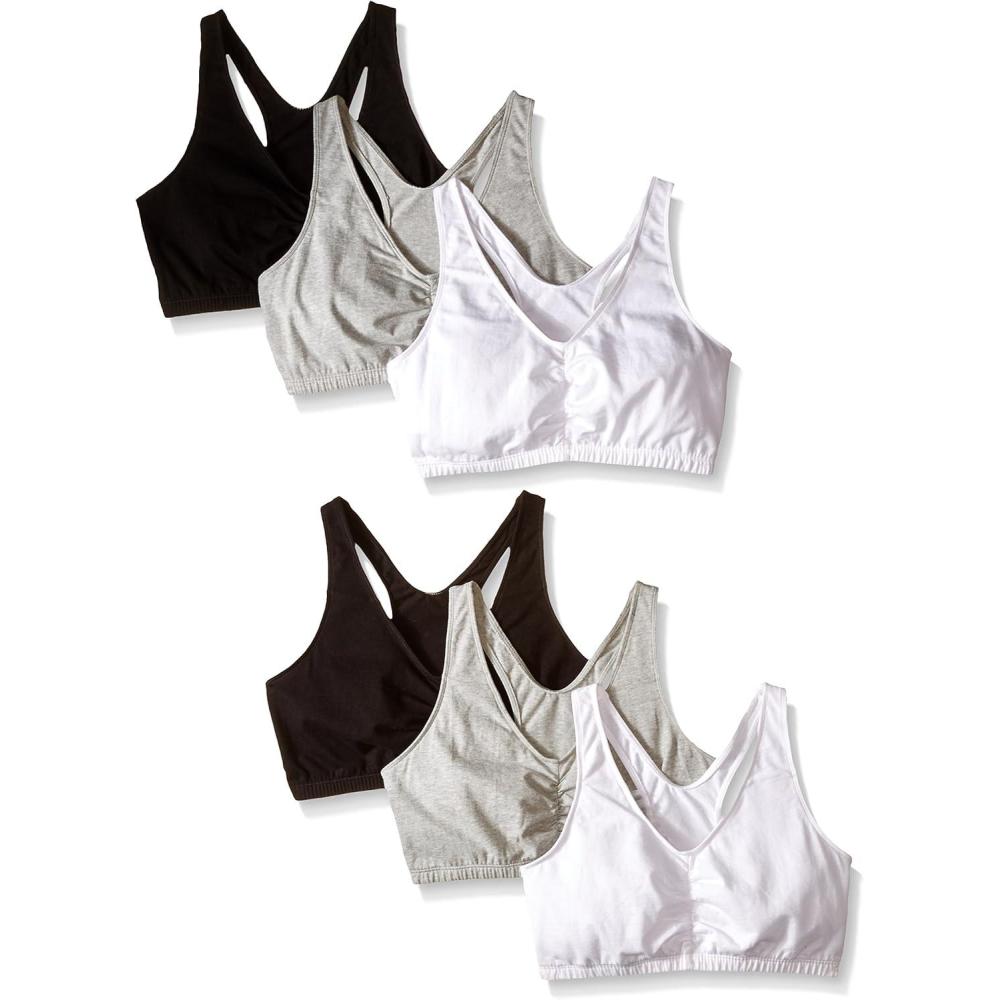 imageFruit of the Loom Womens Adjustable Shirred Front Racerback Sports Bra Multi Pack OptionsWhiteHeather GreyBlack HueWhiteHeather GreyBlack Hue 6pack