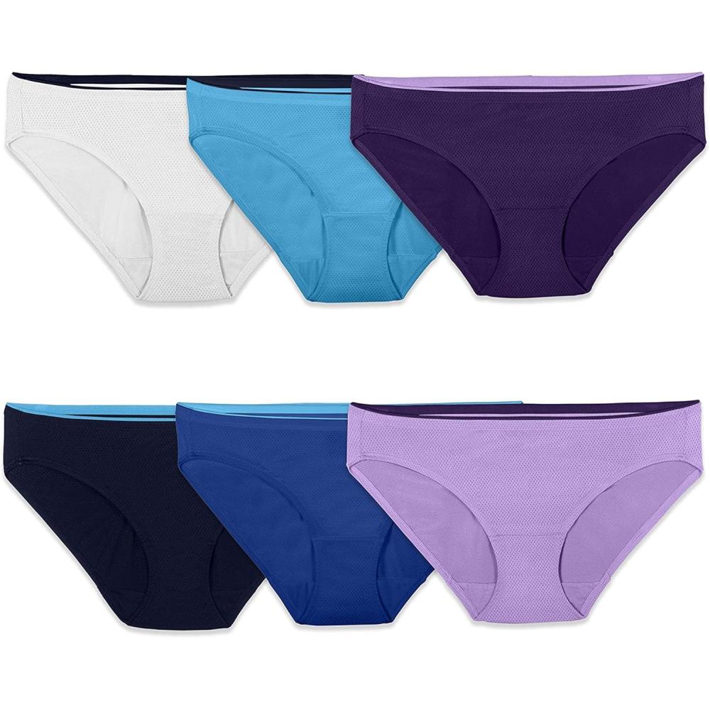 imageFruit of the Loom Womens Breathable Underwear Moisture Wicking Keeps You Cool ampamp Comfortable Available in Plus SizeMicro Mesh Bikini 6 Pack Colors May Vary