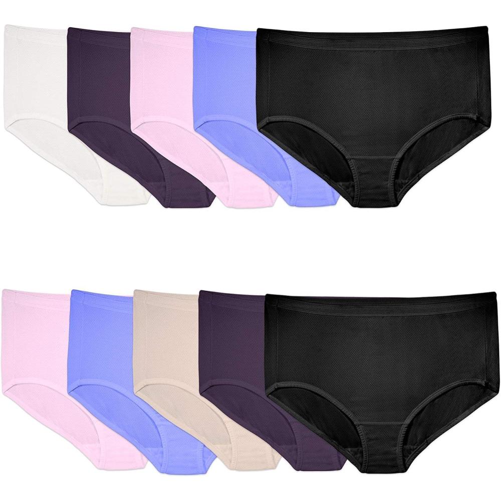 imageFruit of the Loom Womens Breathable Underwear Moisture Wicking Keeps You Cool ampamp Comfortable Available in Plus SizeMicro Mesh Plus Size Brief 10 Pack BlackBluePurple