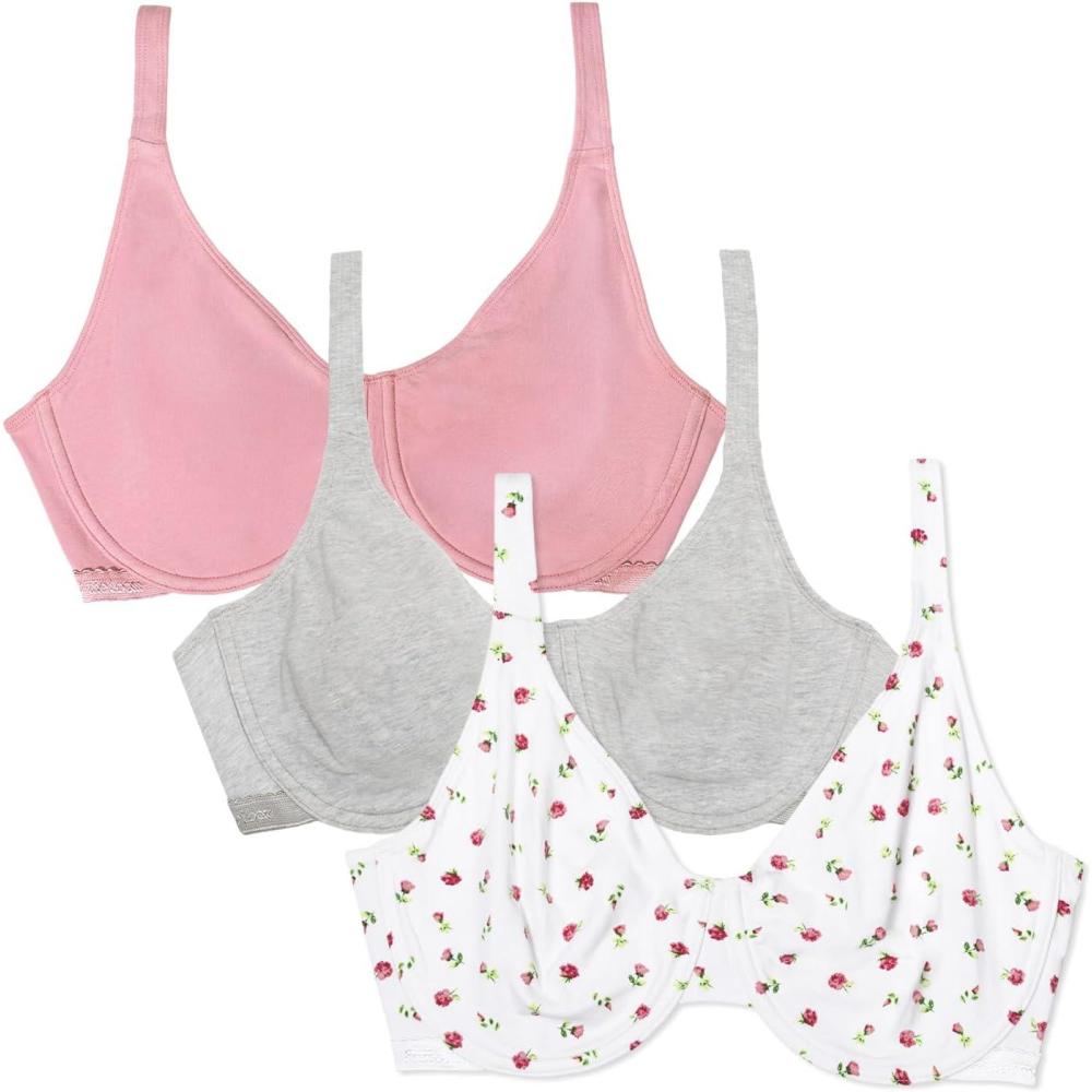 imageFruit of the Loom Womens MultiPack Unlined Underwire Cotton BraDancing RosebudsLilasGrey