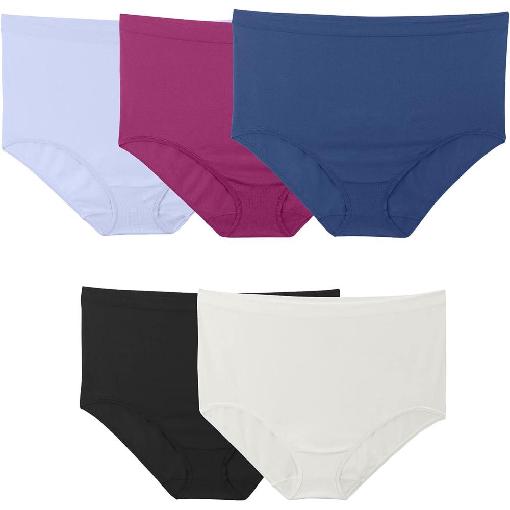 imageFruit of the Loom Womens Plus Size Fit for Me Seamless Brief Panty Assorted 5 PackPlus Size Brief 5 Pack BlackWhiteBlue