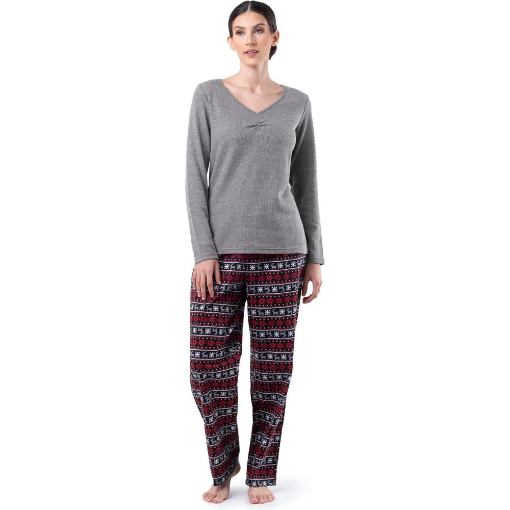imageFruit of the Loom Womens Waffle VNeck Top and Flannel Pant Sleep SetGrey HeatherFair Isle Black