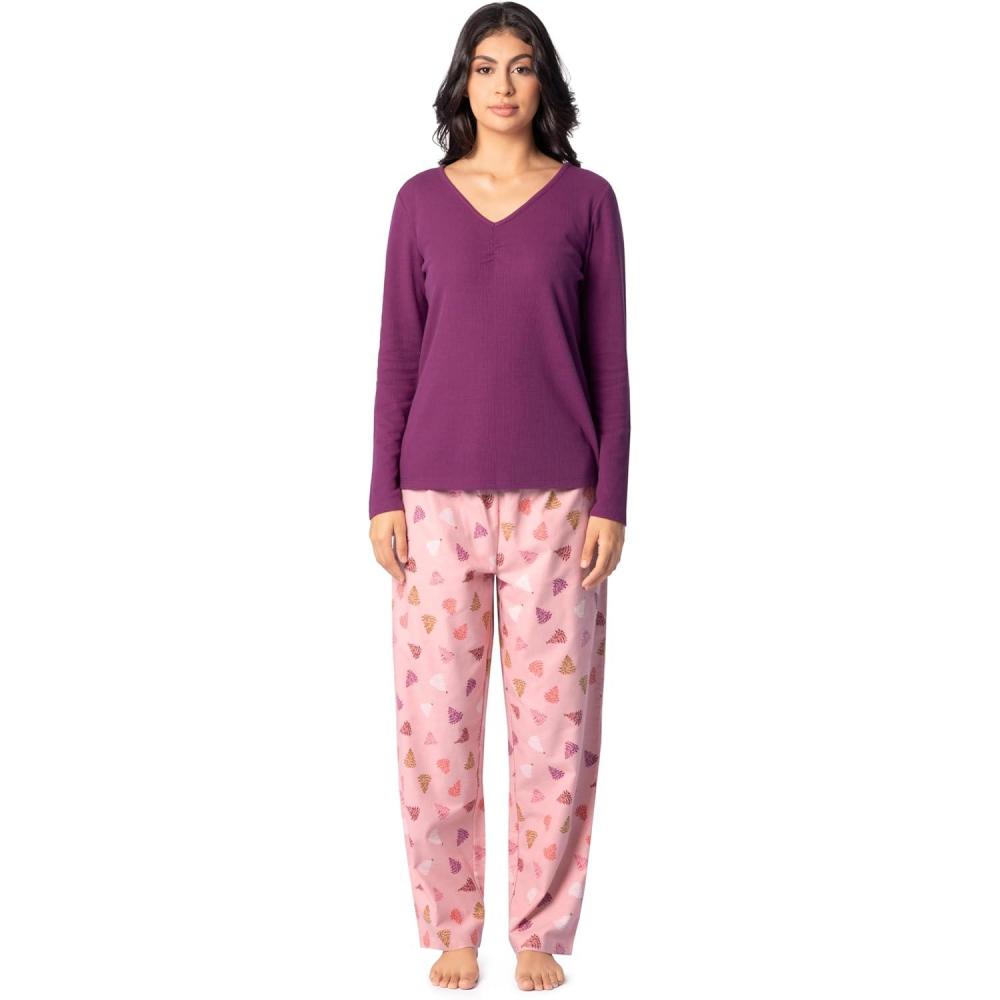 imageFruit of the Loom Womens Waffle VNeck Top and Flannel Pant Sleep SetPurpleFluffy Trees