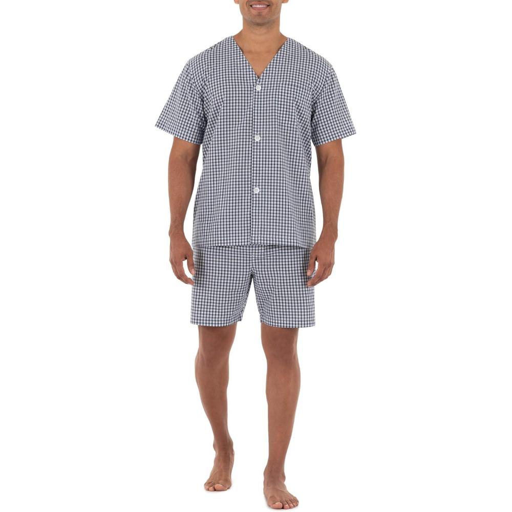 imageFruit of the Loom mens Broadcloth Short Sleeve Pajama SetNavyWhite Check