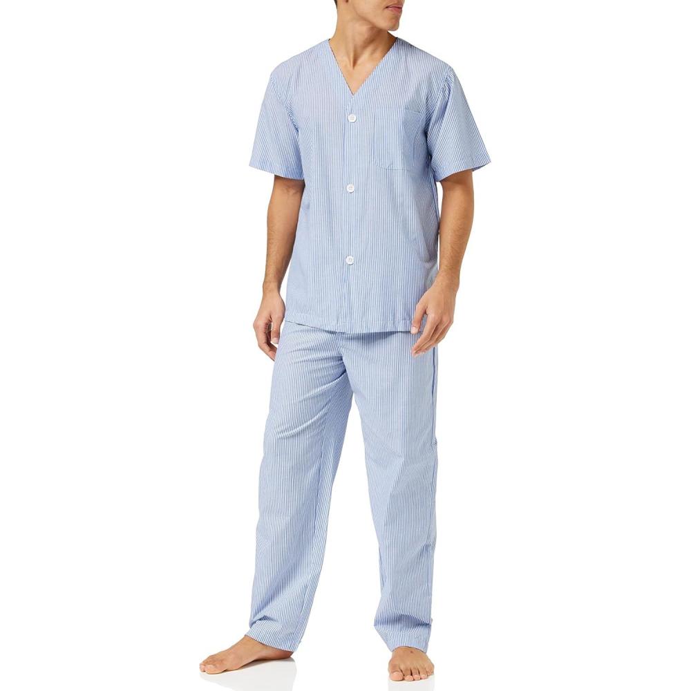 imageFruit of the Loom mens Broadcloth Short Sleeve Top and Long Pants Pajama SetBlue Stripe