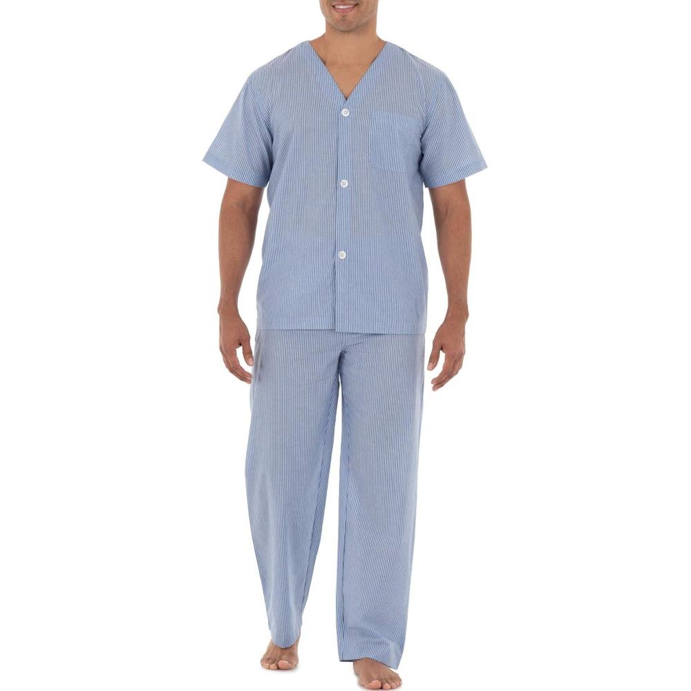 imageFruit of the Loom mens Broadcloth Short Sleeve Top and Long Pants Pajama SetBright Blue