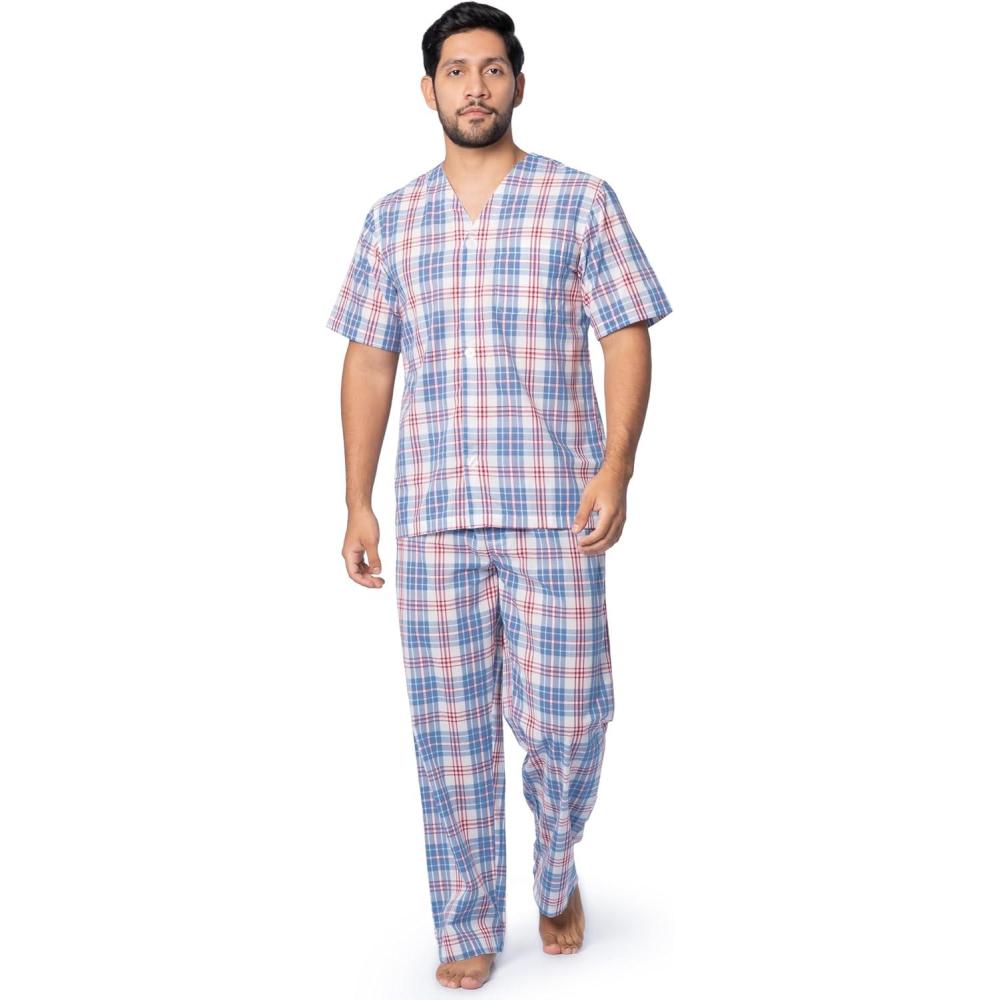 imageFruit of the Loom mens Broadcloth Short Sleeve Top and Long Pants Pajama SetIvoryBlueRed Plaid