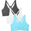 Fruit of the Loom Women’s Adjustable Shirred Front Racerback Sports Bra, Multi Pack Options(Turquoise/White/Charcoal)