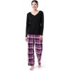 Fruit of the Loom Women’s Waffle V-Neck Top and Flannel Pant Sleep Set(Black/Buffalo Plaid)