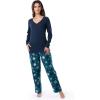 Fruit of the Loom Women’s Waffle V-Neck Top and Flannel Pant Sleep Set(Navy/Snowflake)