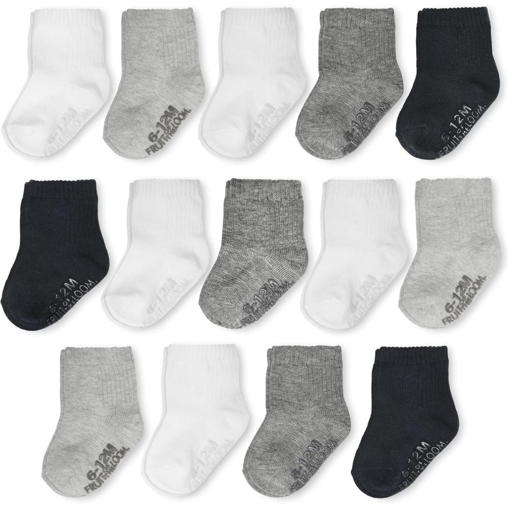 imageFruit of the Loom Baby 14Pack Grow ampamp Fit Flex Zones Cotton Stretch Socks Unisex Girls BoysBlack White Grey