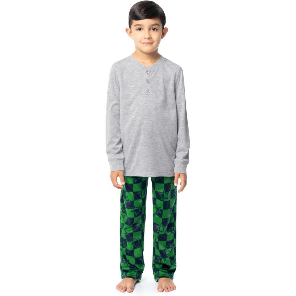 imageFruit of the Loom Boys Long Sleeve Jersey Henley Top and Fleece Pant Sleep Pajama SetGrey HeatherGreenNavy