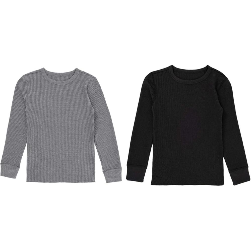 imageFruit of the Loom Boys Premium 2Pack Thermal Waffle Crew TopBlackHeather Greystone