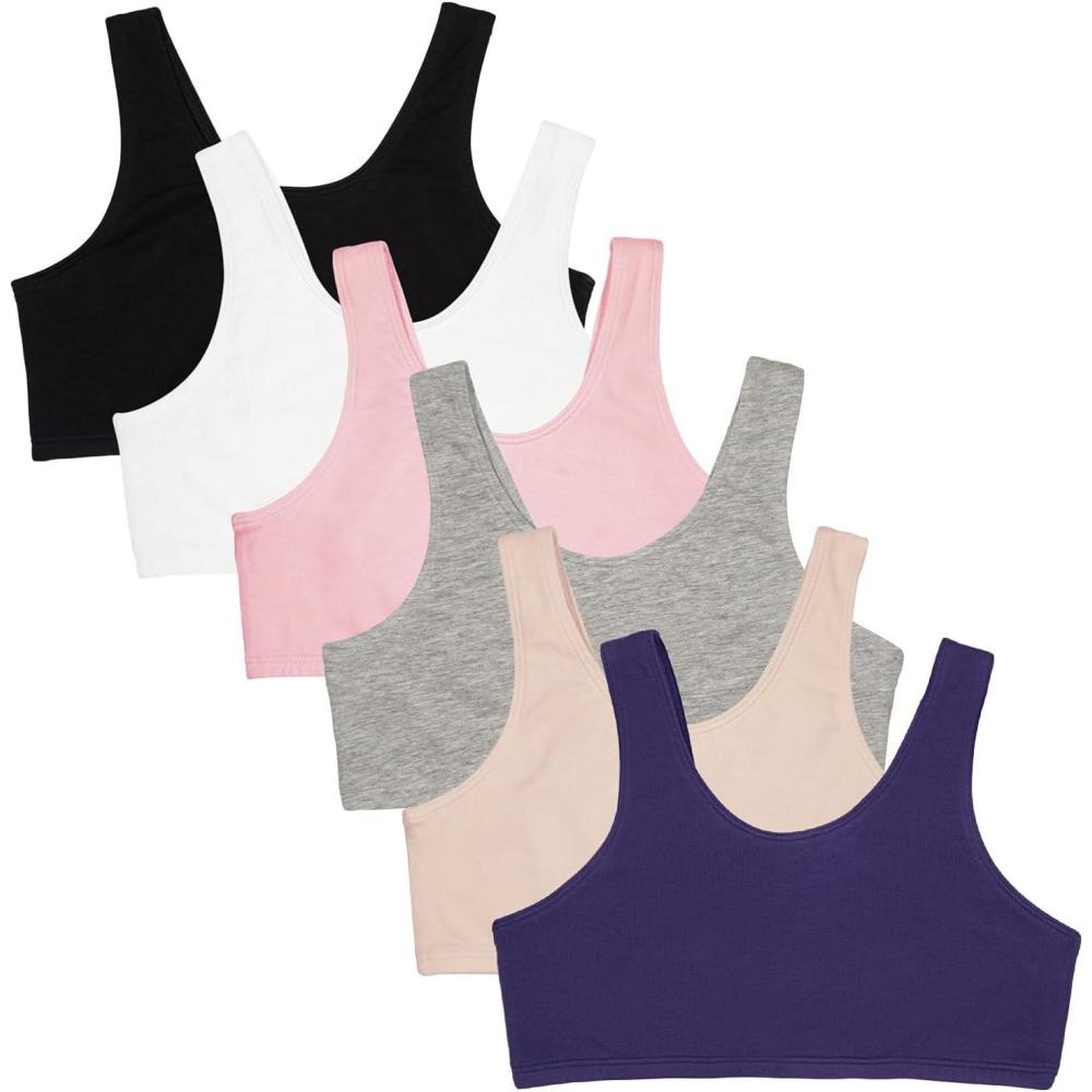 imageFruit of the Loom Girls Multi Cotton BuiltUp Stretch Sports Bra Available in 6 PacksBlueberryBlackGreyWhiteSandBlush