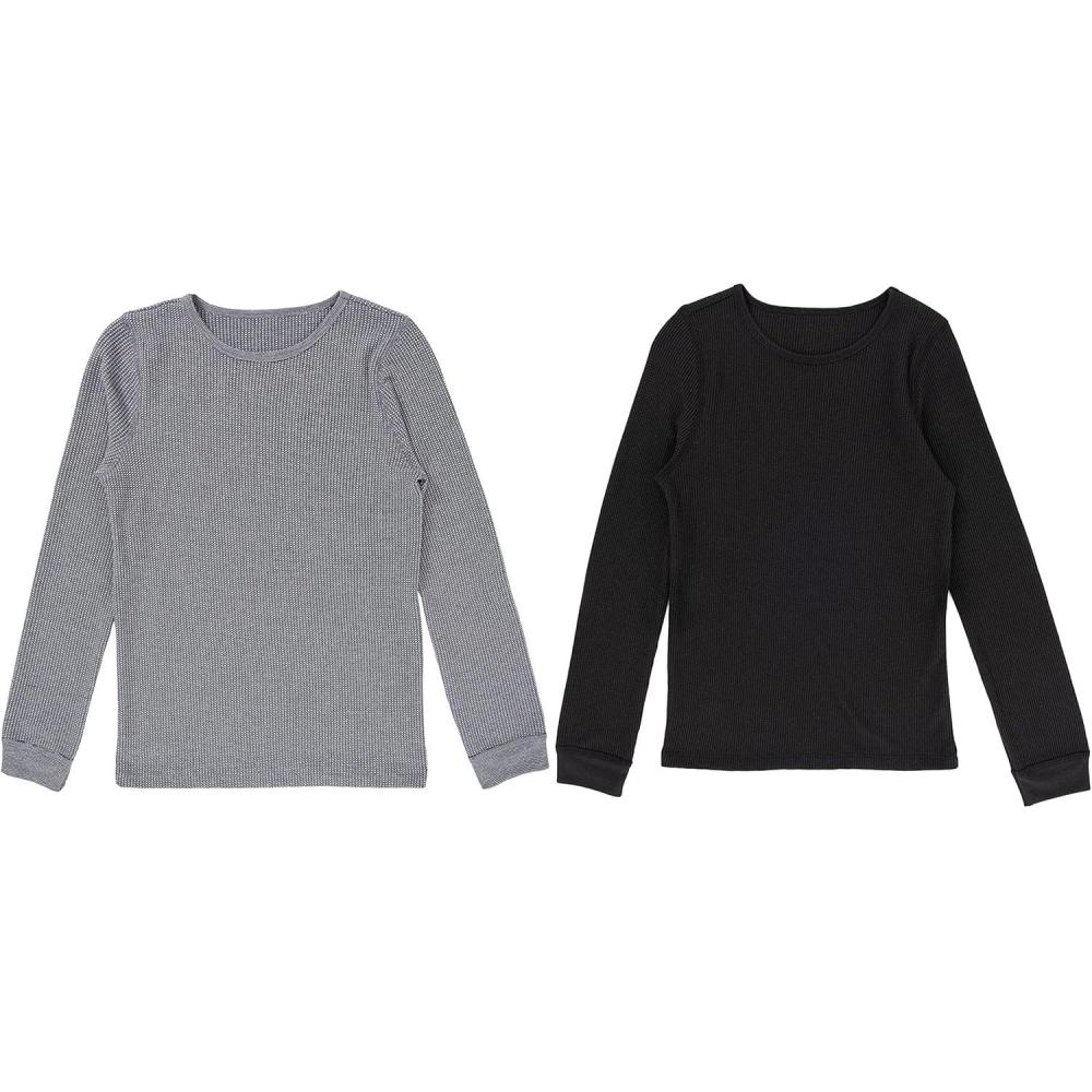 imageFruit of the Loom Girls Premium 2Pack Thermal Waffle Crew TopBlackHeather Greystone