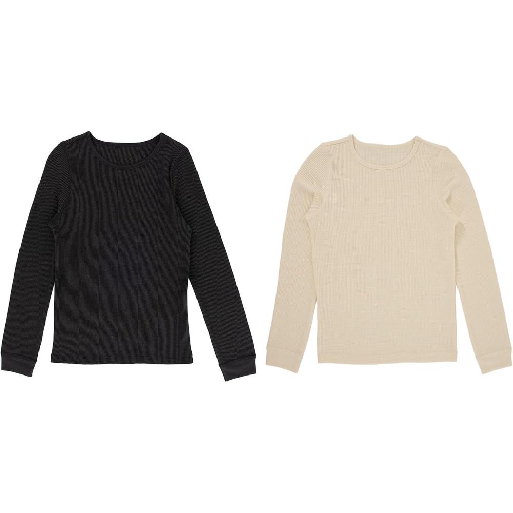 imageFruit of the Loom Girls Premium 2Pack Thermal Waffle Crew TopBlackNatural