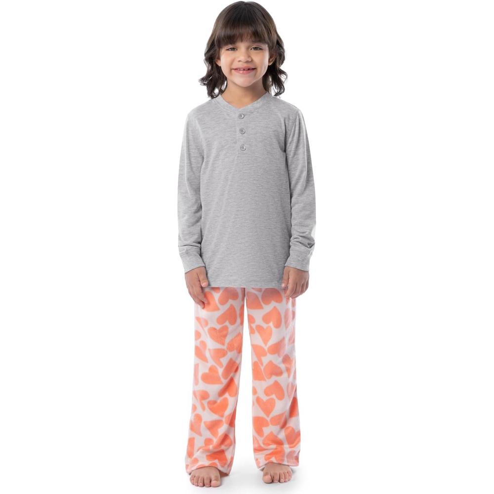imageFruit of the Loom girls Long Sleeve Jersey Henley Top and Fleece Pant Sleep Pajama SetGrey HeatherRose Hearts