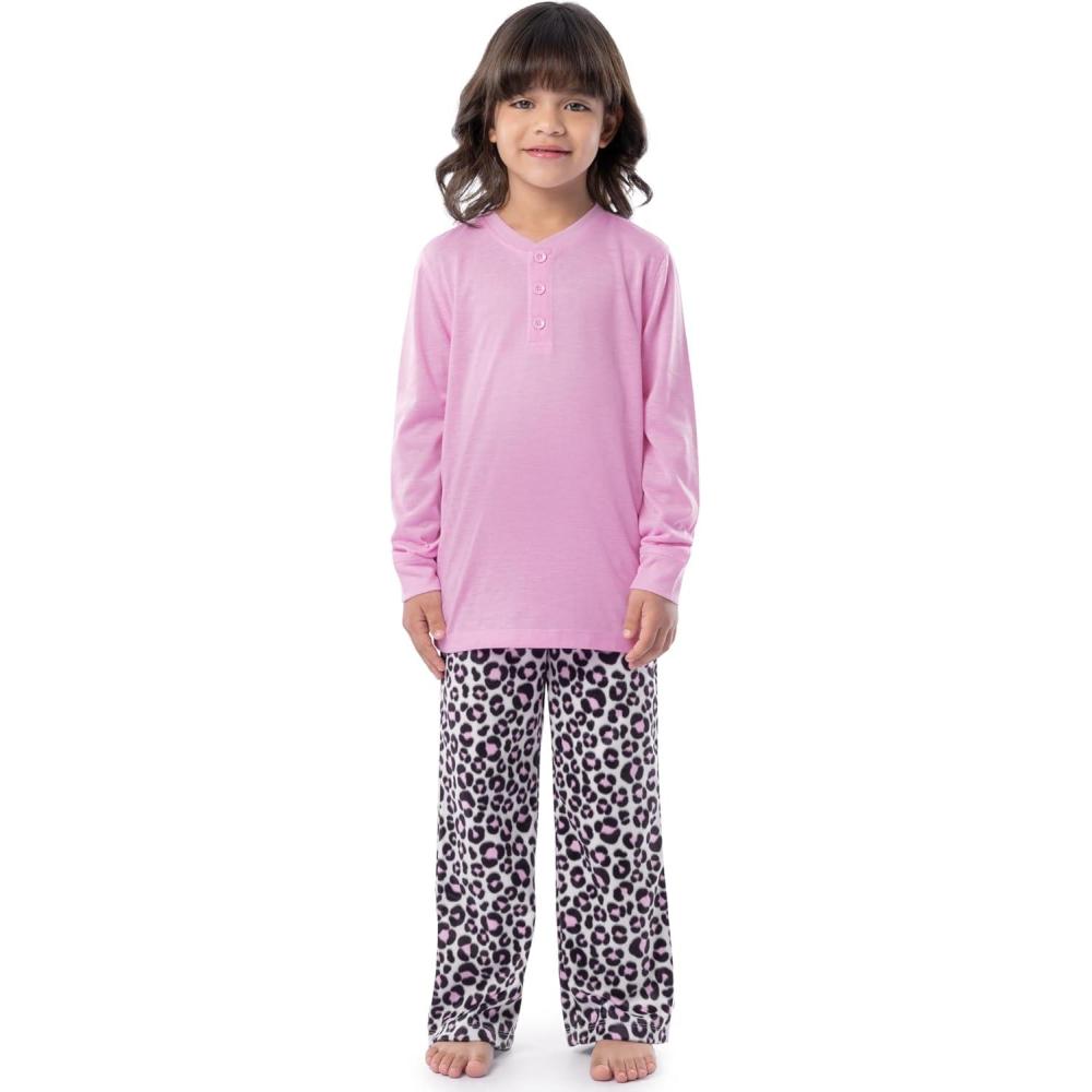 imageFruit of the Loom girls Long Sleeve Jersey Henley Top and Fleece Pant Sleep Pajama SetPinkCheetah
