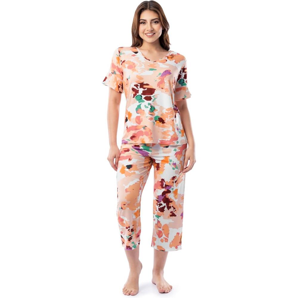 imageFruit of the Loom womens 360 Stretch Ruffle Sleeve Vneck Tee and Capri Sleep Pajama SetPainters Palette