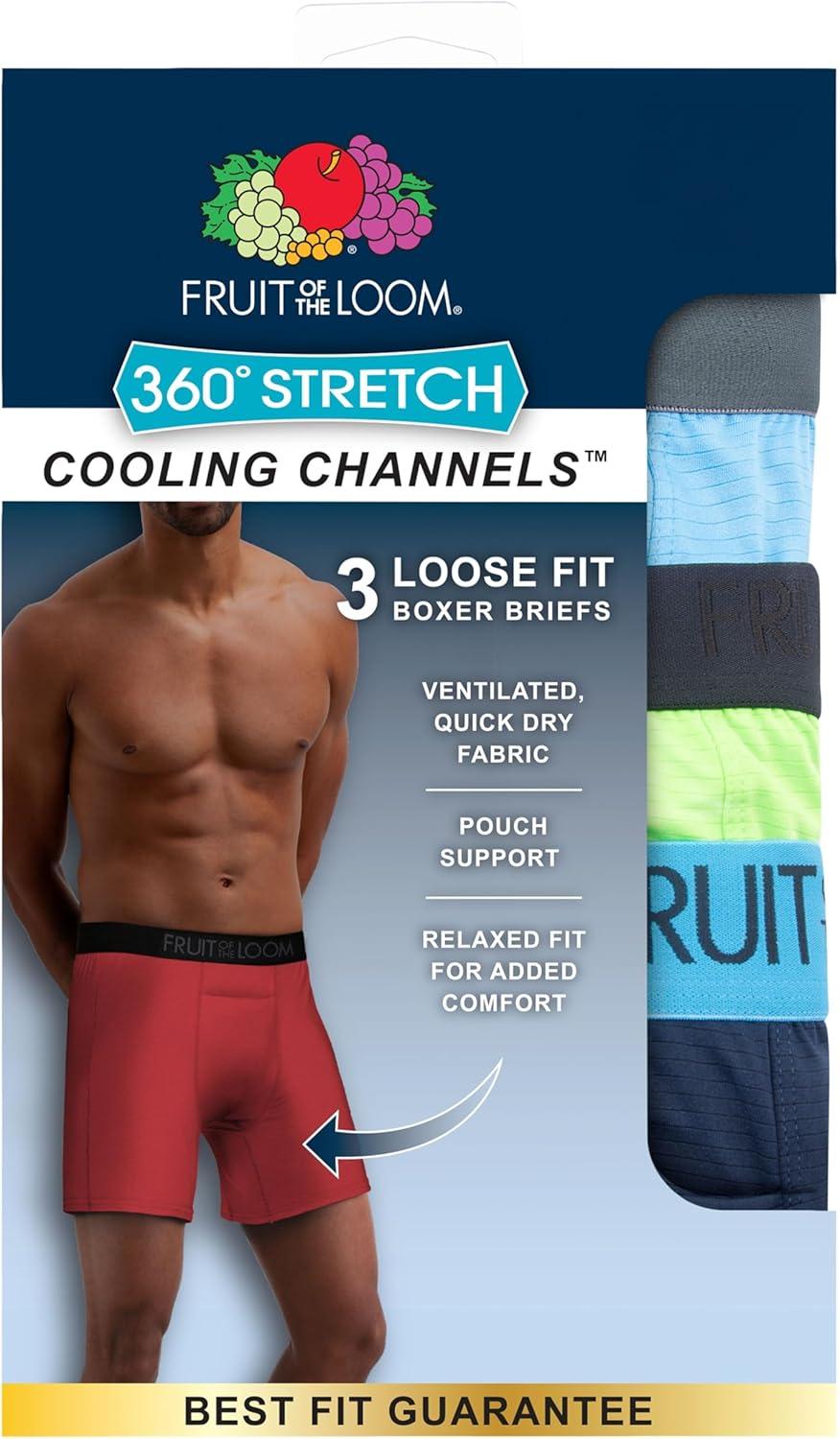 imageFruit of the Loom mens 4way Stretch Boxer Briefs Lightweight ampamp Moisture Wicking Underwear Long Leg Regular Leg ampamp TrunkCooling Channels 3 Pack Colors May Vary