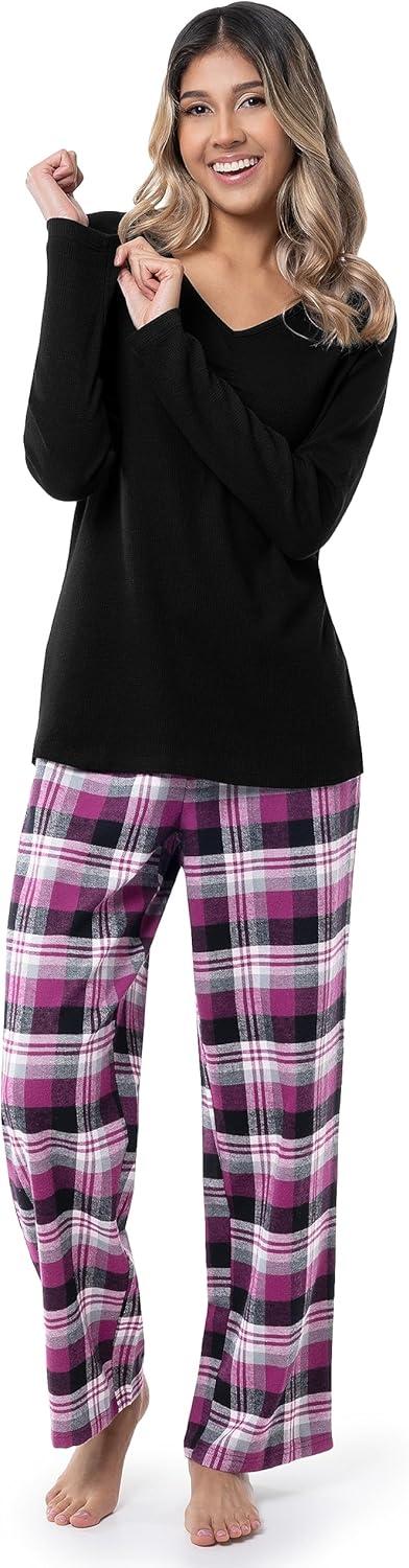 imageFruit of the Loom Womens Waffle VNeck TopBlackBerry Plaid