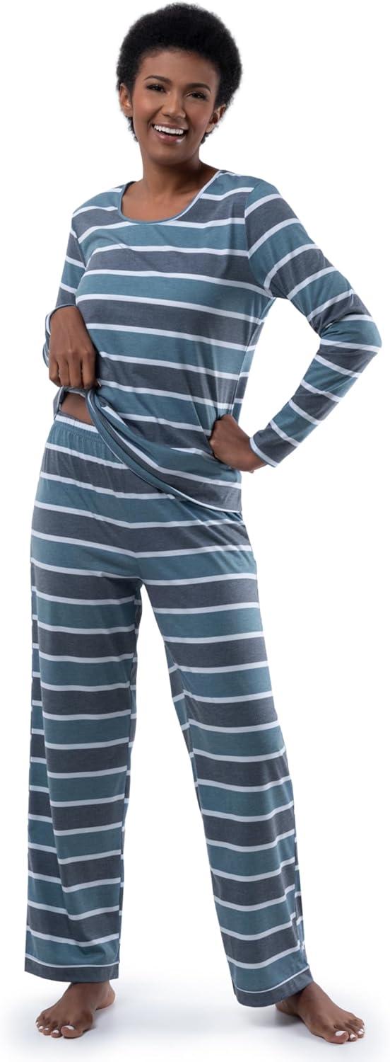 imageFruit of the Loom womens Long Sleeve Tee and Pant 2 Piece Sleep SetBlue Stripe