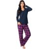 Fruit of the Loom Women’s Waffle V-Neck Top(Navy/Pink Plaid)