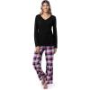 Fruit of the Loom Women’s Waffle V-Neck Top(Black/Berry Plaid)