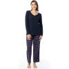 Fruit of the Loom Women’s Waffle V-Neck Top(Navy/Holiday Plaid)