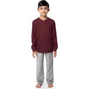 Fruit of the Loom boys Long Sleeve Jersey Henley Top and Fleece Pant Sleep Pajama Set(Cardinal/Grey Heather)