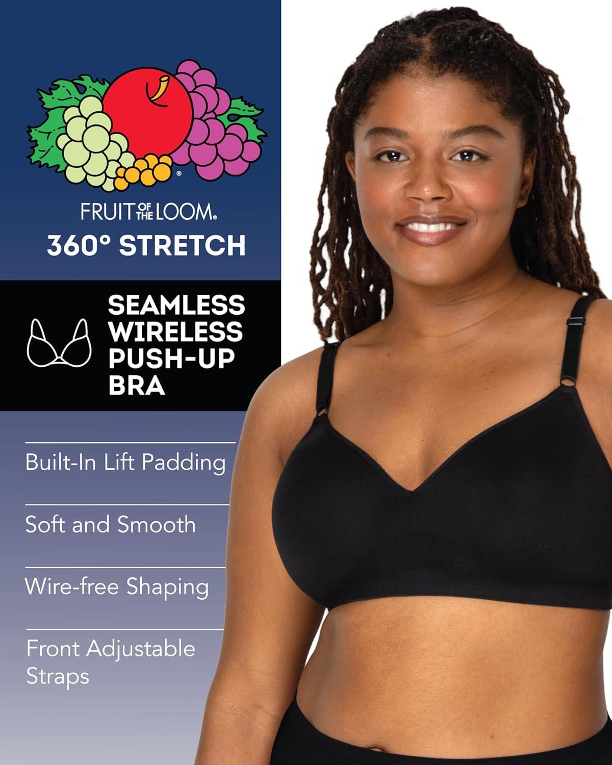 image:imageFruit of The Loom Womens 2Pack Seamless WireFree PushUp Bra Soft Comfortable amp SupportiveBlack HueWhite 2pack