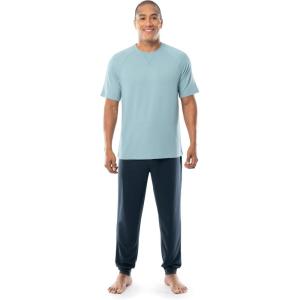 Fruit of the Loom Men’s French Terry Top and Jogger Sleep Pajama Set(Light Blue/Navy)